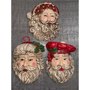 VTG 1980s Santa Face Wall Plaques Set 3 Hand Painted Ceramic Christmas Decor 3D